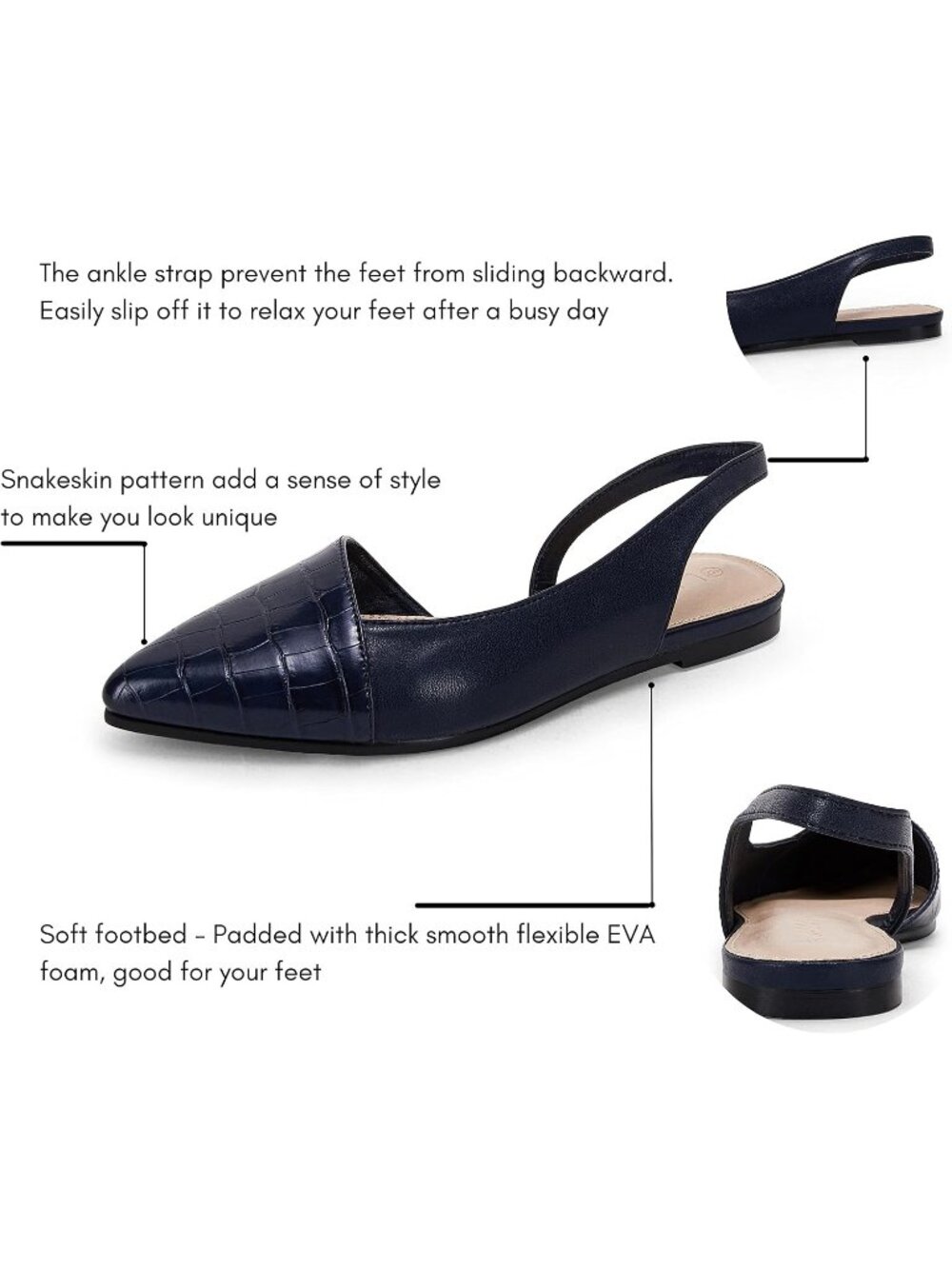 Women's Navy Closed Pointed Toe Flats Slip on Cutout Animal Print Mules Sandals - Picture 3 of 4